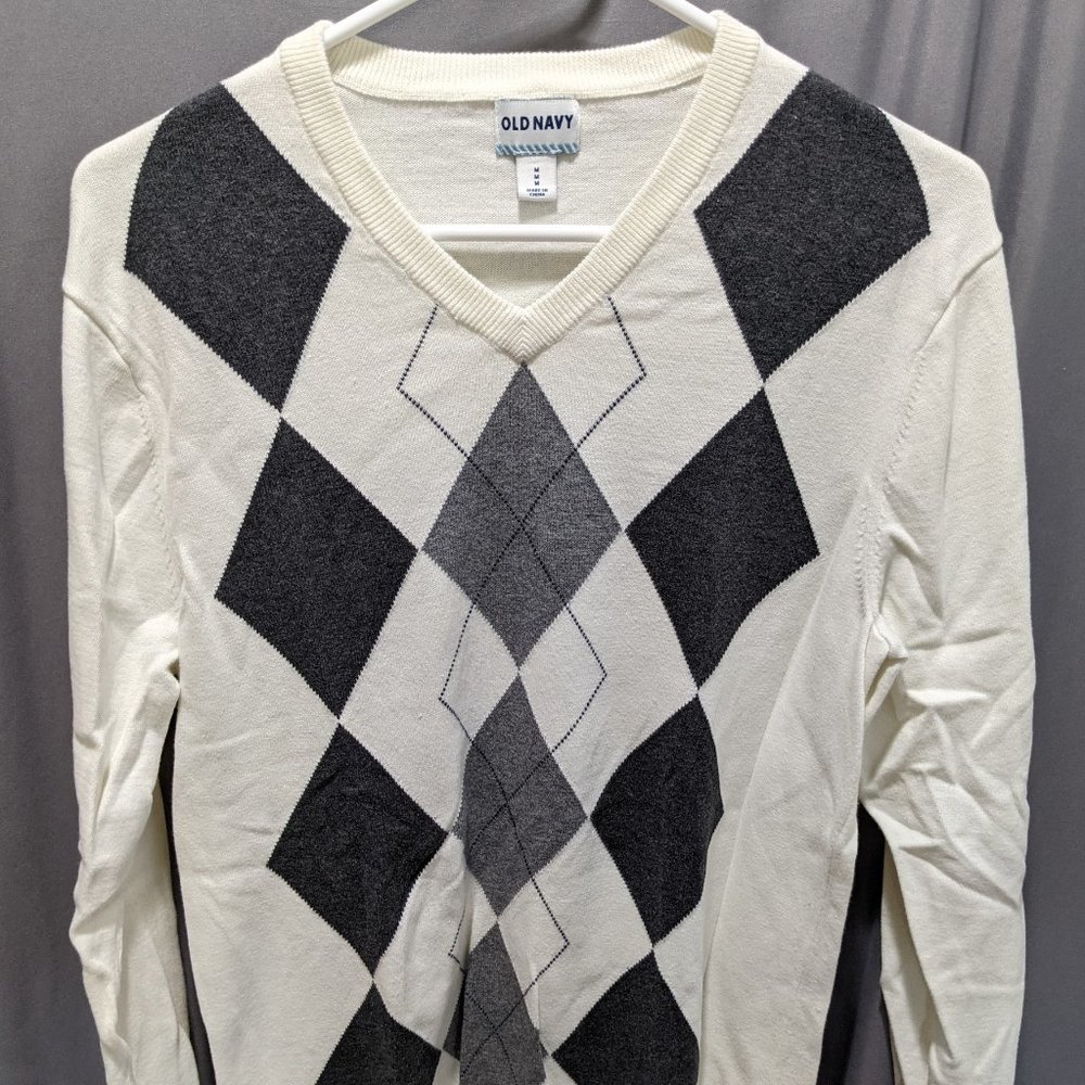 Old Navy Argyle Sweater Cream Grey Gray